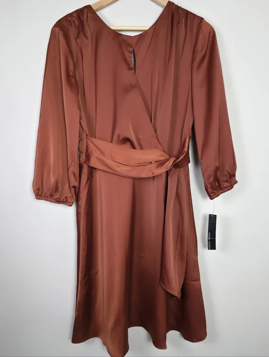 Maggy London Rust Satin Wrap Dress Size 10 Elegant Tie Waist Midi Long Sleeve - Picture 2 of 10